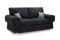 Black three-seater sofa bed with silver legs and two decorative cushions