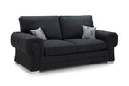 Black three-seater sofa bed with silver legs and two decorative cushions