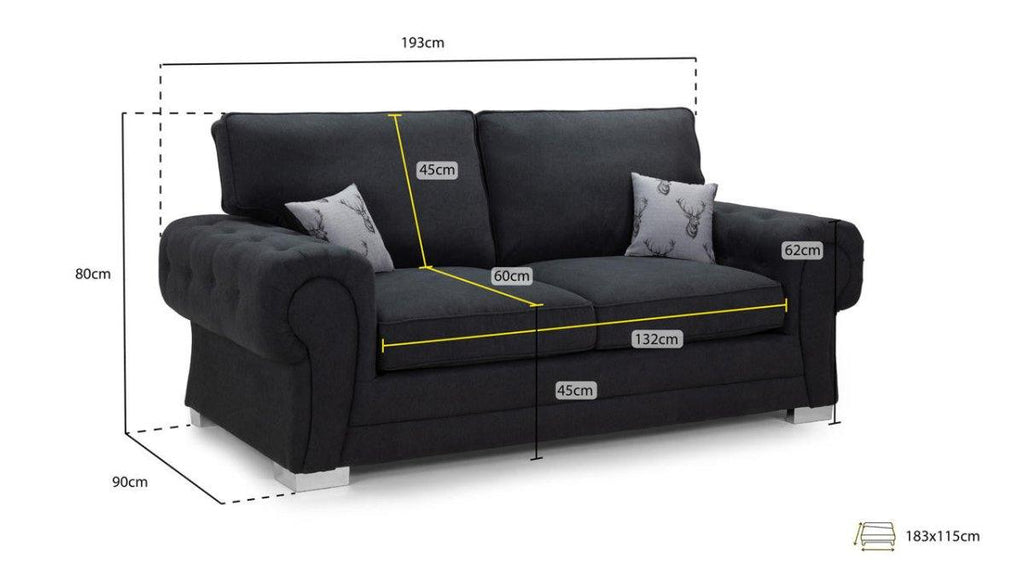 Black three-seater sofabed with rolled arms, decorative pillows, and detailed size dimensions