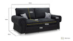 Black three-seater sofabed with rolled arms, decorative pillows, and detailed size dimensions