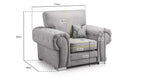 Grey upholstered armchair with cushioned seat, armrest, and detailed dimensions in cm.
