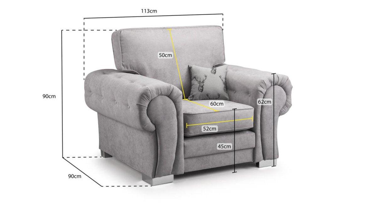 Grey upholstered armchair with cushioned seat, armrest, and detailed dimensions in cm.
