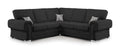 Black corner sofa with full back cushions and two printed accent pillows, modern style