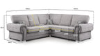 Grey L-shaped corner sofa with detailed measurements, tufted arms, and decorative pillows
