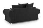 Black scatter back 2 seater sofa with plush cushions and chrome feet on white background
