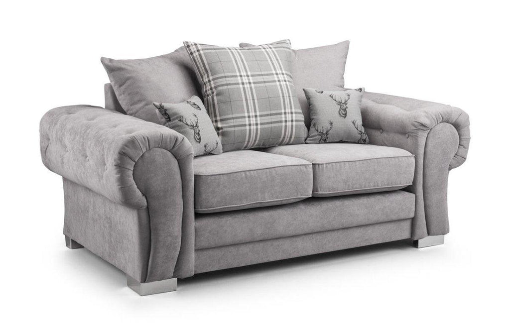 Light grey scatterback 2 seater sofa with plaid and stag cushions, plush upholstery