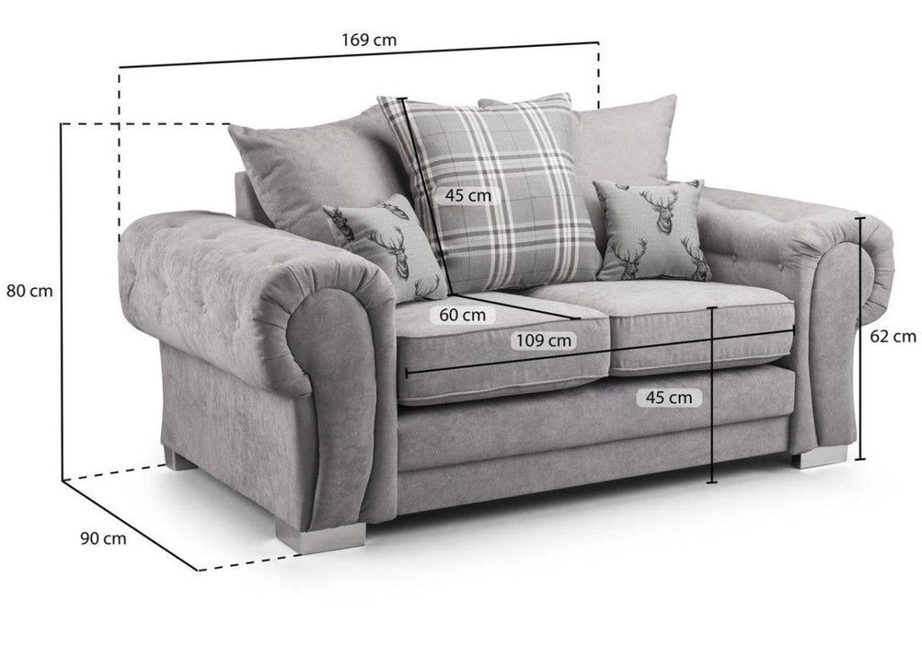 Grey 2 seater scatter back sofa with cushion and armrest dimensions labeled