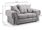 Grey 2 seater scatter back sofa with cushion and armrest dimensions labeled