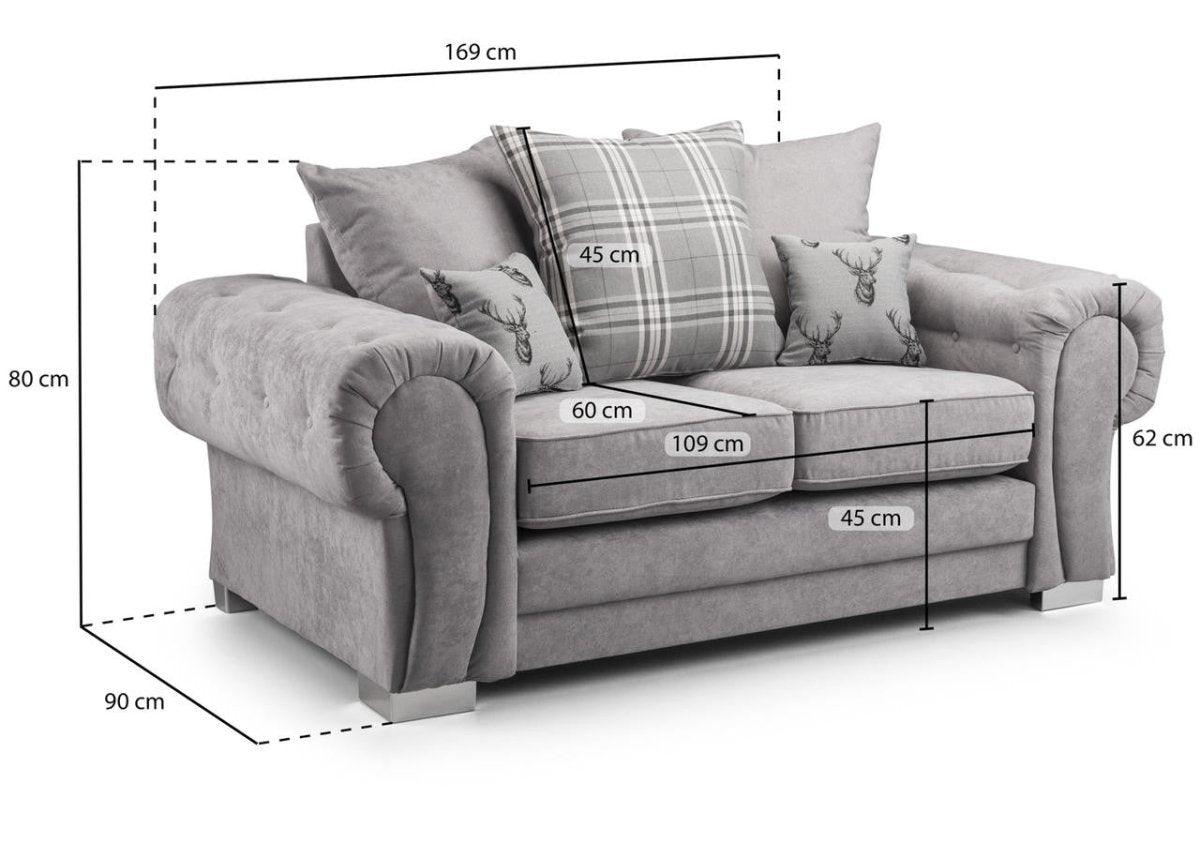 Grey 2 seater scatter back sofa with cushion and armrest dimensions labeled