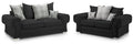 Black fabric sofa set with rolled arms, plaid and deer print scatter cushions, silver feet