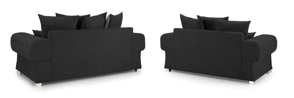 Black scatter back 3 and 2 seater sofa set with plush cushions and chrome feet