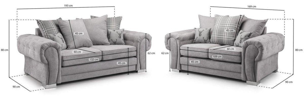 Grey scatterback 3 and 2 seater sofa set with plaid and stag cushions, labeled dimensions