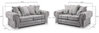 Grey scatterback 3 and 2 seater sofa set with plaid and stag cushions, labeled dimensions