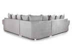 Light grey L-shaped corner sofa with scatter cushions on white background