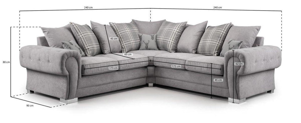 Grey L-shaped corner sofa with scatter back cushions and visible measurements, modern living room furniture