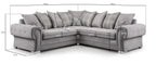 Grey L-shaped corner sofa with scatter back cushions and visible measurements, modern living room furniture