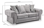 Grey scatterback 3-seater sofa with plush cushions, rolled arms, and detailed size measurements.