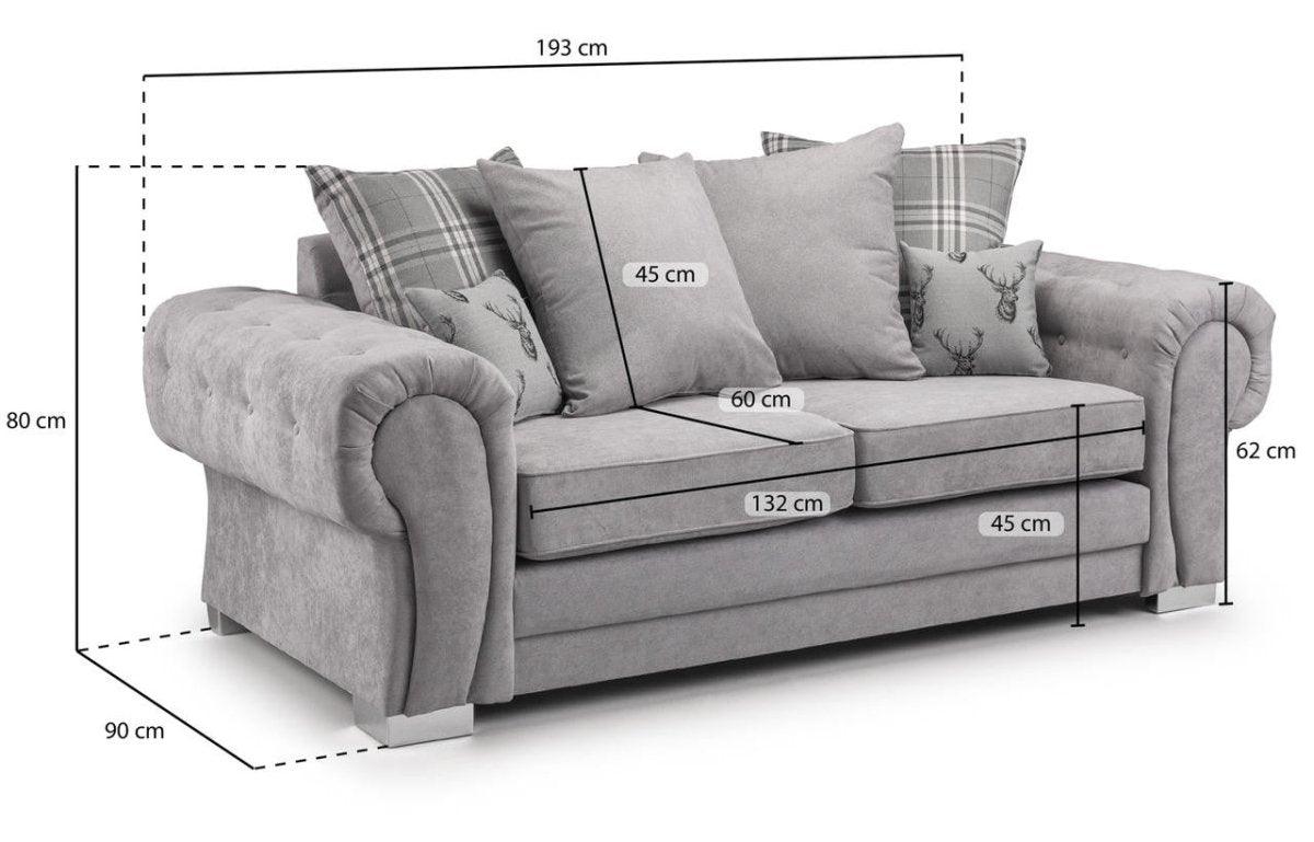 Grey scatterback 3-seater sofa with plush cushions, rolled arms, and detailed size measurements.