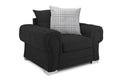 Black scatterback armchair with rolled arms, chrome legs, and a plaid cushion