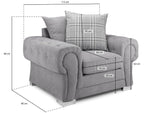Grey scatterback armchair with rolled arms, button details, plaid cushion, and precise measurements.