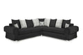 Black corner sofa with plaid and stag scatter cushions, modern and spacious seating