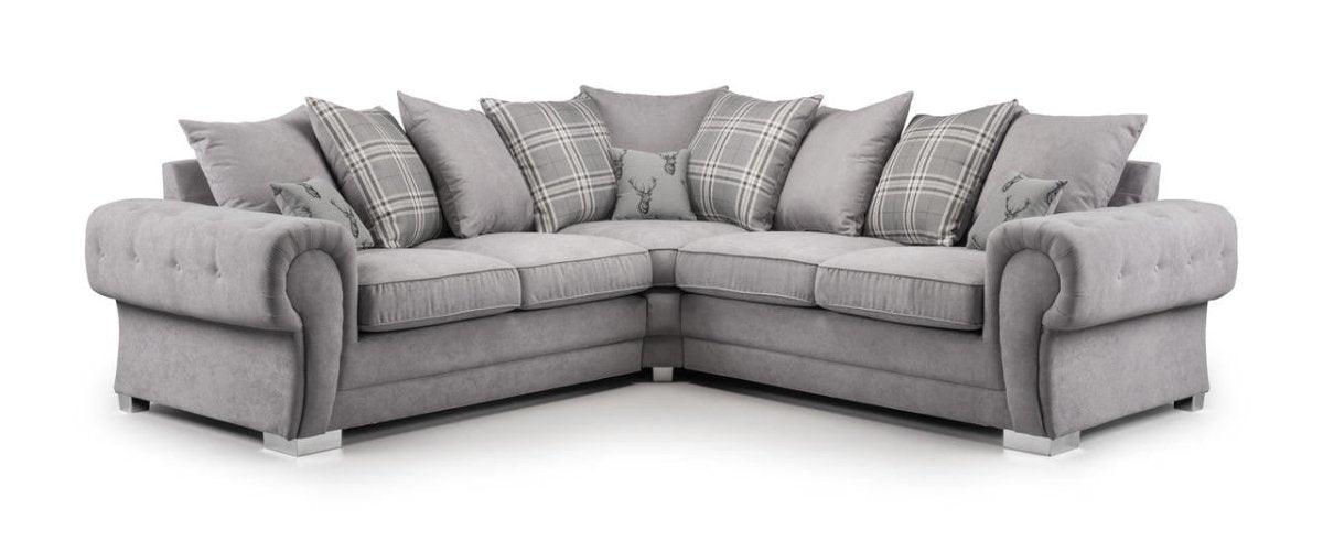 Light grey corner sofa with scatterback cushions and plaid accents, modern living room furniture