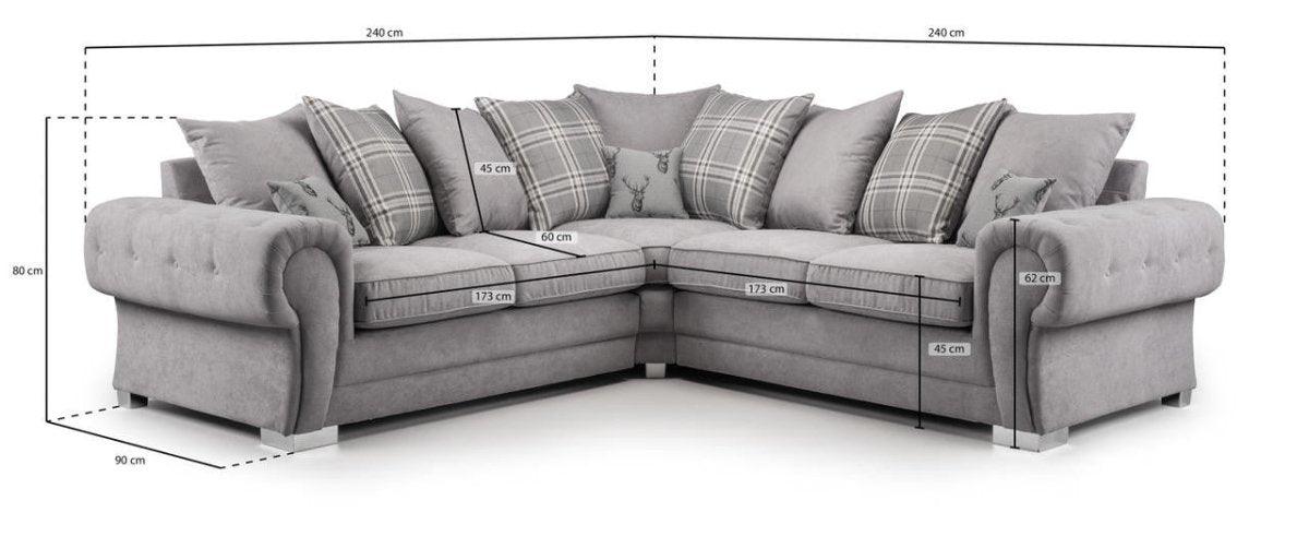 Grey scatter back corner sofa with plaid cushions, detailed measurements and dimensions shown.