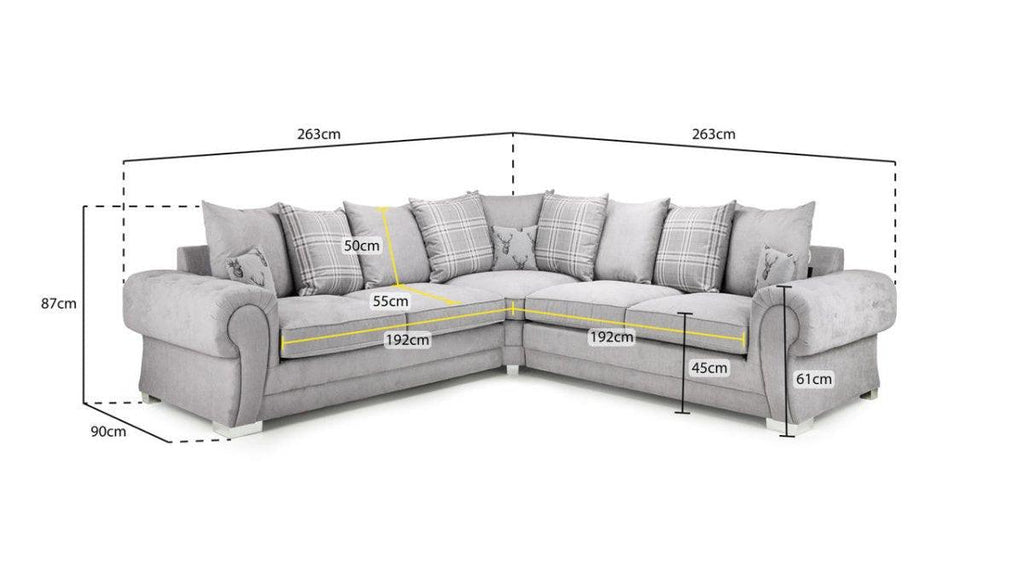 Light grey corner sofa with scatter back cushions and detailed size dimensions in centimeters.