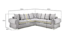 Light grey corner sofa with scatter back cushions and detailed size dimensions in centimeters.