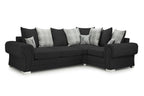 Black left-hand corner sofa with scatterback cushions in plaid and deer print, modern design