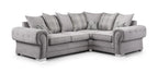 Light grey corner sofa with scatter back and plaid cushions, modern soft upholstery