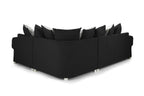 Modern black left hand corner sofa with scatterback cushions and silver legs