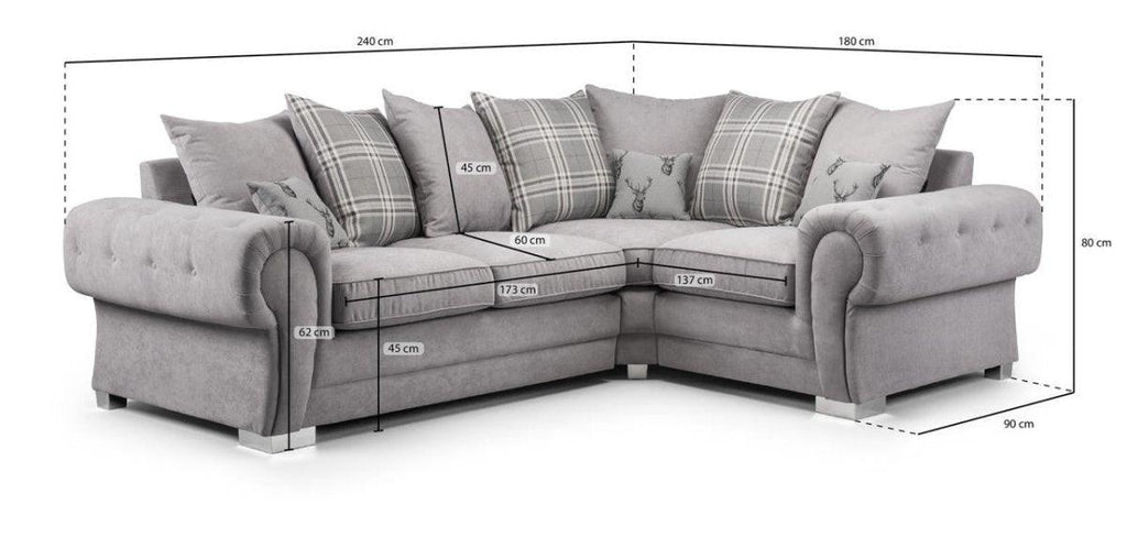 Grey scatter back left hand corner sofa with plaid cushions, featuring detailed size dimensions.