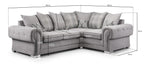 Grey scatter back left hand corner sofa with plaid cushions, featuring detailed size dimensions.