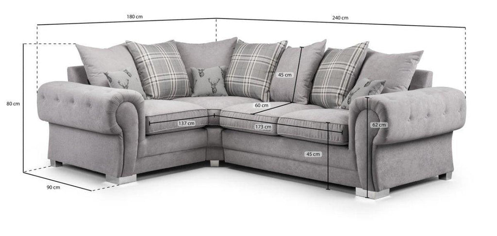 Grey right-hand corner sofa with scatter back cushions, plaid and deer patterns, and dimensions labeled.