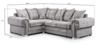 Grey right-hand corner sofa with scatter back cushions, plaid and deer patterns, and dimensions labeled.