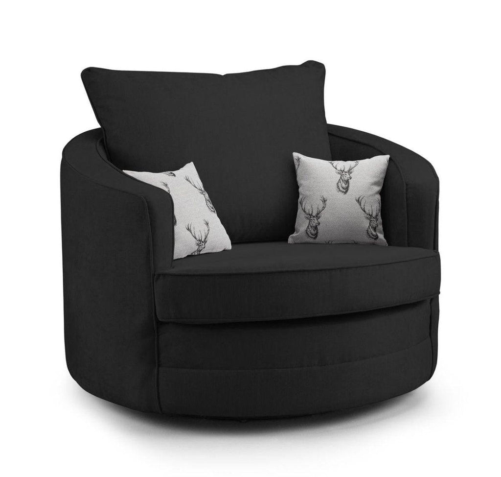 Black swivel chair with plush back cushion and two decorative stag print pillows
