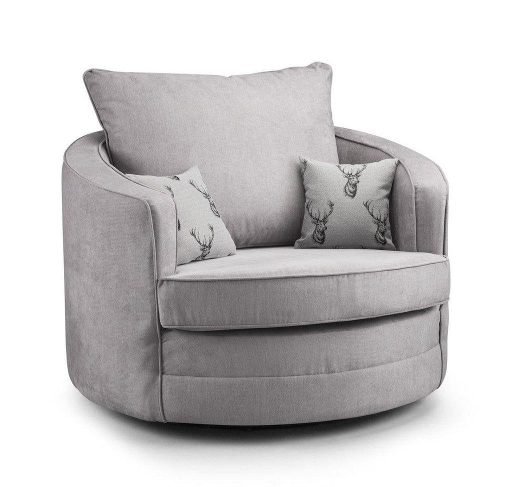 Light grey swivel accent chair with two stag print cushions and a large back cushion