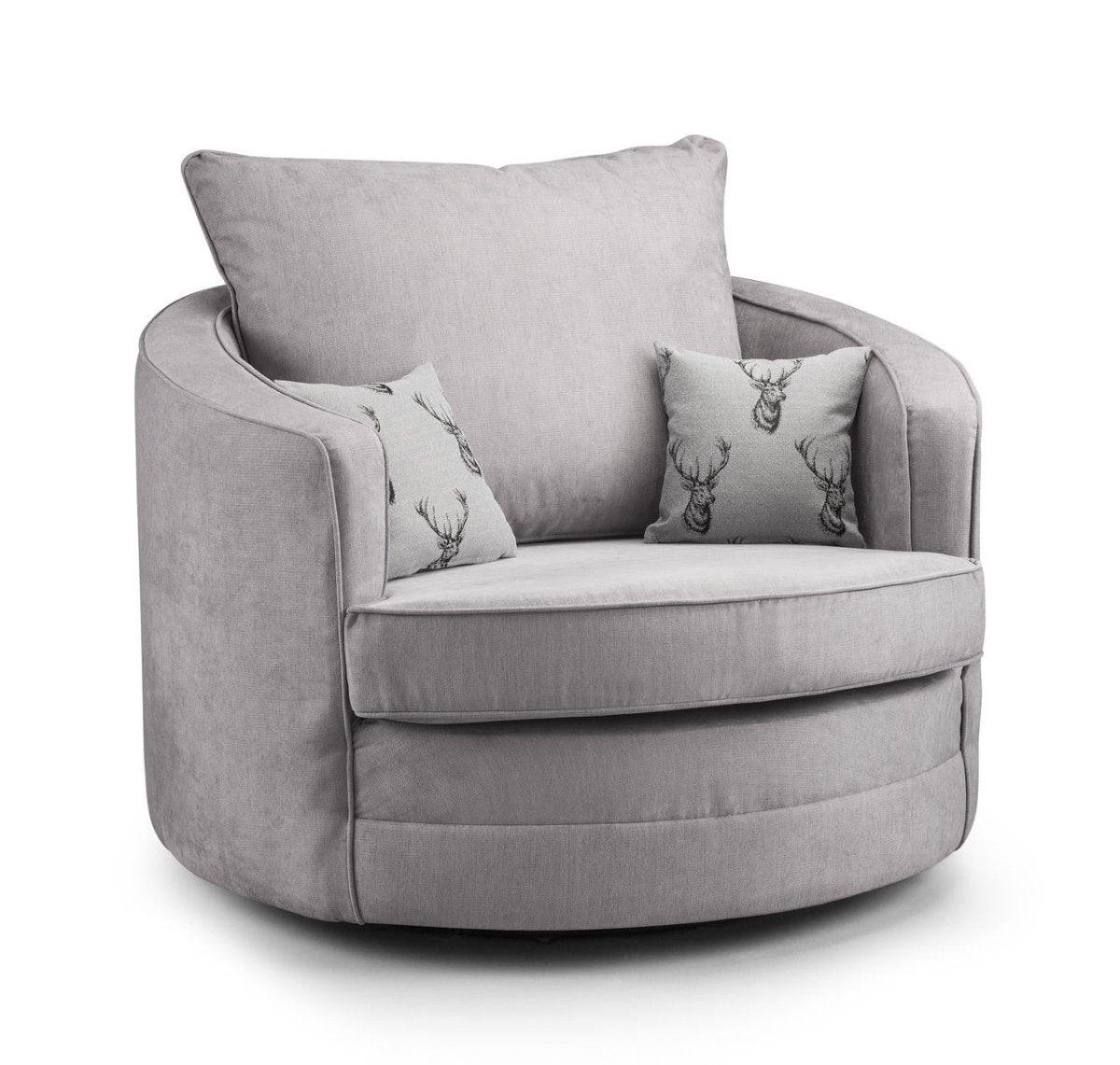 Light grey swivel accent chair with two stag print cushions and a large back cushion