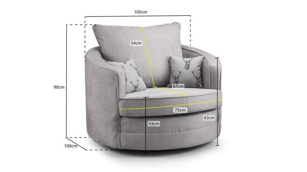 Grey swivel armchair with back and seat cushions, annotated with size measurements
