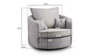 Grey swivel armchair with back and seat cushions, annotated with size measurements