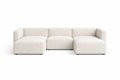 Cream boucle modular U-shaped sofa with three seats and two footstools on white background