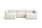 Cream boucle modular U-shaped sofa with three seats and two footstools on white background