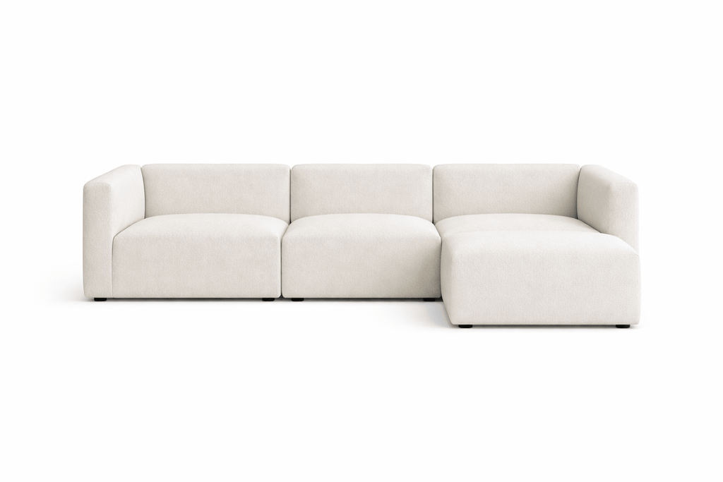 Cream boucle modular U-shape sofa with wide seats and low backrest, contemporary style