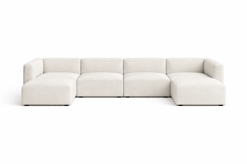 Cream boucle modular U-shaped sofa with low back and wide seats, minimalist design