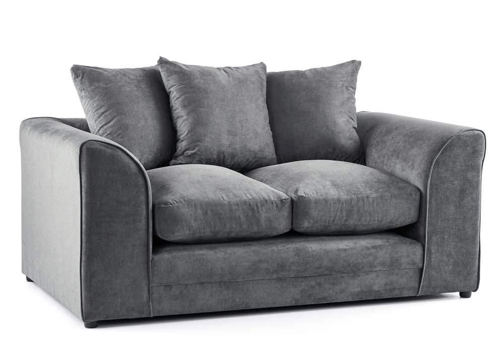 Modern grey two-seater sofa with plush cushions and curved armrests