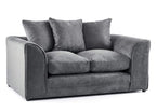Modern grey two-seater sofa with plush cushions and curved armrests