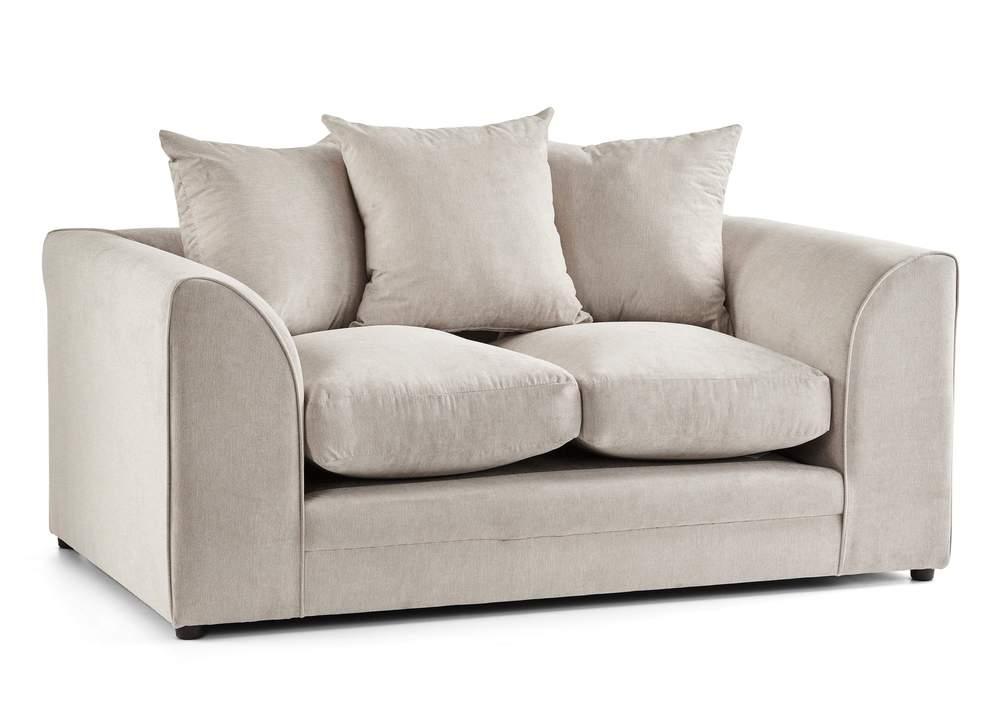 Cream two-seater sofa with plush cushions and curved arms on a white background