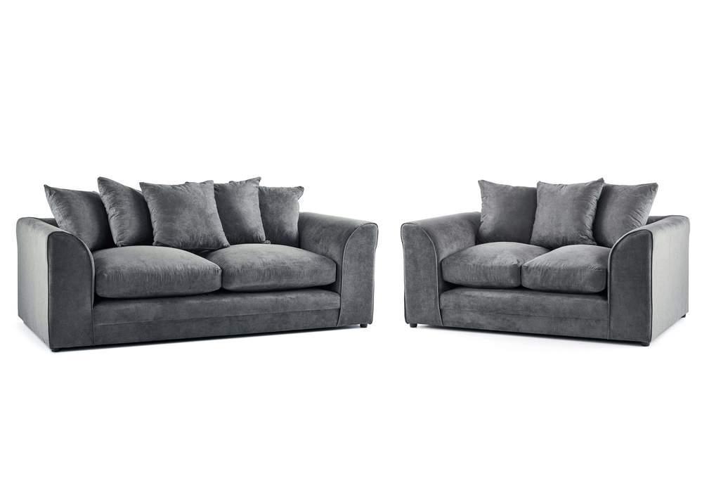Modern grey 3 and 2 seater sofa set with plush cushions on a white background