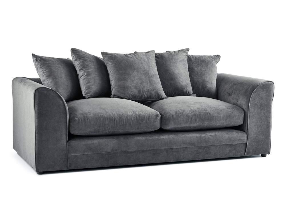 Modern grey 3 seater sofa with plush cushions and curved arms, velvet upholstery